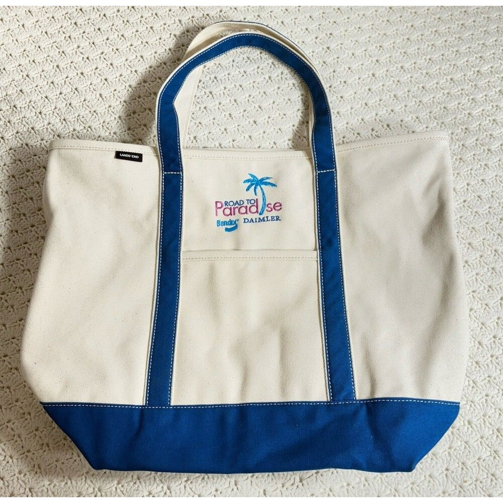 NEW Lands’ End Large Tote Bag Beach Bendix Daimler Royal Blue Natural Canvas
